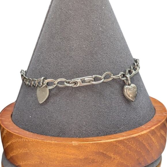 Vintage 925 Sterling Chain Link Two Heart Charm Bracelet - Picture 1 of 5
